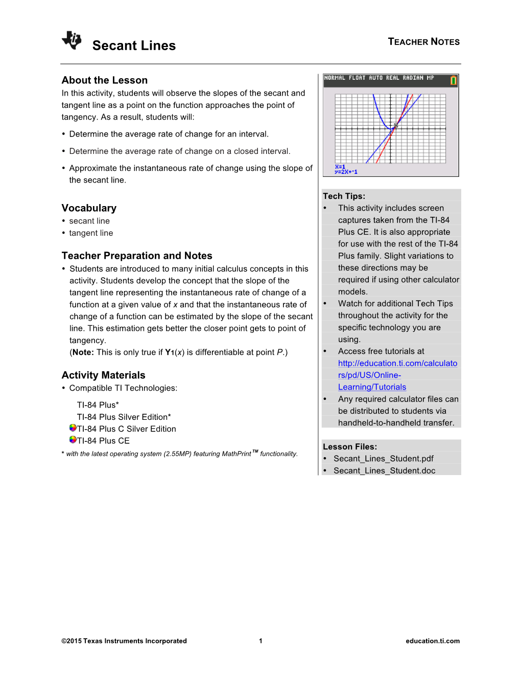 Secant Lines TEACHER NOTES