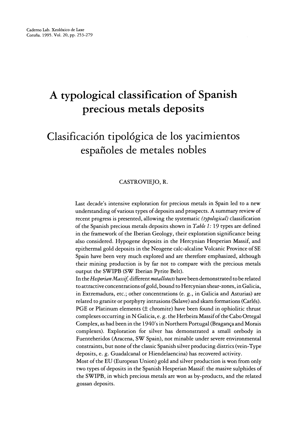 A Typological Calssification Os Spanish Precious Metals Deposits