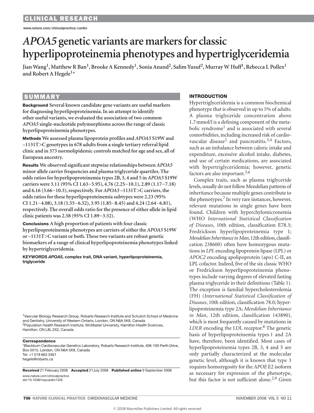 Apoa5genetic Variants Are Markers for Classic Hyperlipoproteinemia