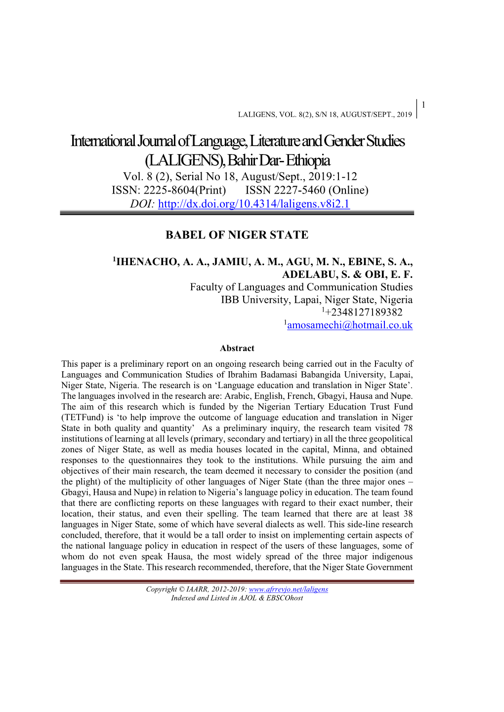 International Journal of Language, Literature and Gender Studies (LALIGENS), Bahir Dar- Ethiopia Vol