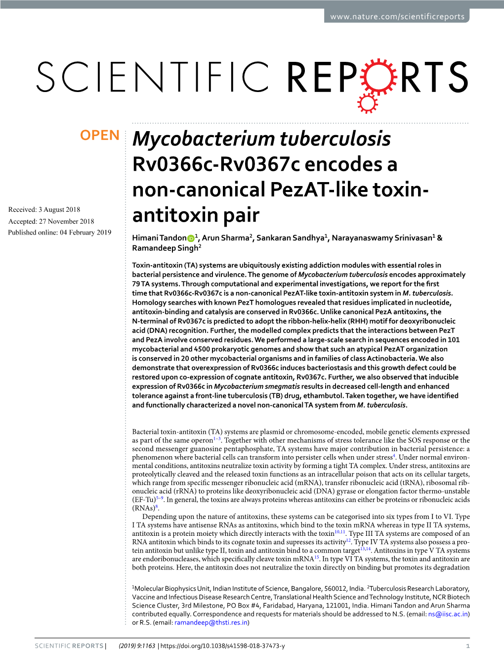Mycobacterium Tuberculosis Rv0366c-Rv0367c Encodes a Non