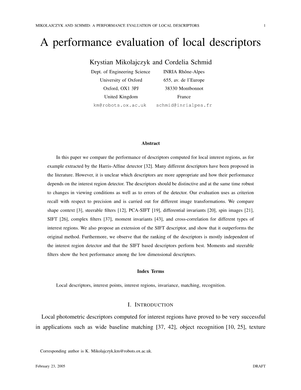 A PERFORMANCE EVALUATION of LOCAL DESCRIPTORS 1 a Performance Evaluation of Local Descriptors