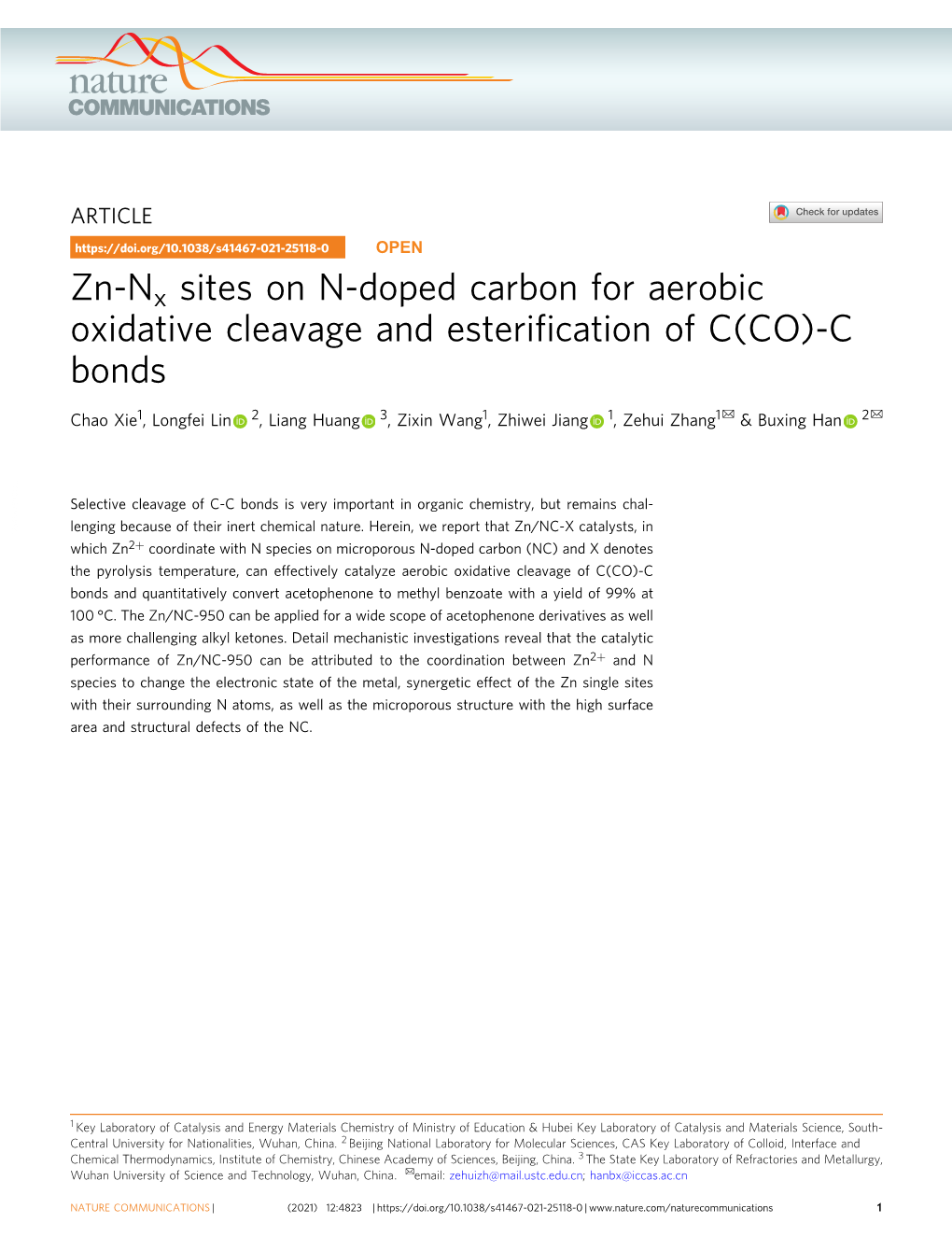 Zn-Nx Sites on N-Doped Carbon for Aerobic Oxidative Cleavage