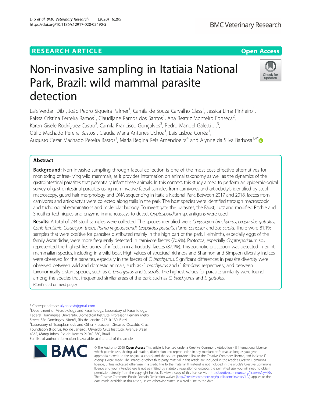 Non-Invasive Sampling in Itatiaia National Park, Brazil: Wild Mammal Parasite Detection