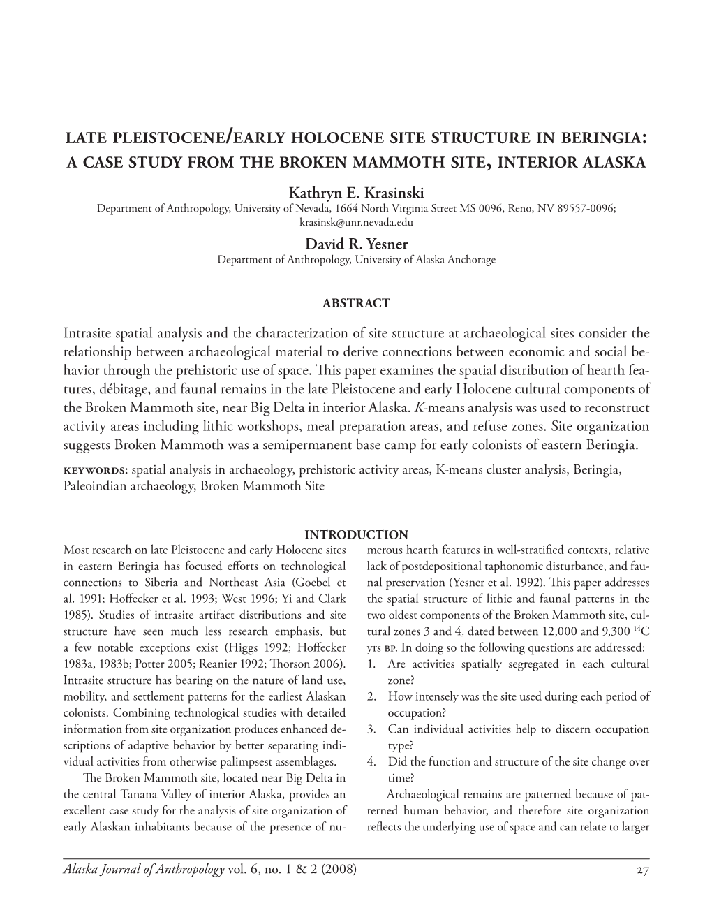 Late Pleistocene /Early Holocene Site Structure In