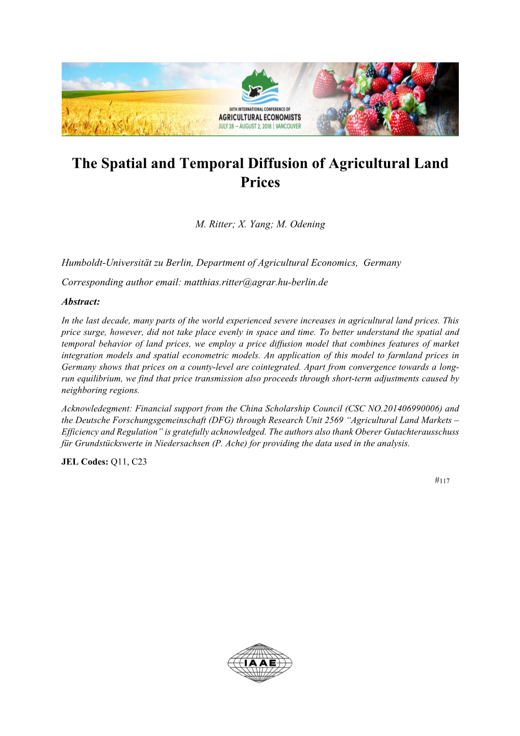 The Spatial and Temporal Diffusion of Agricultural Land Prices