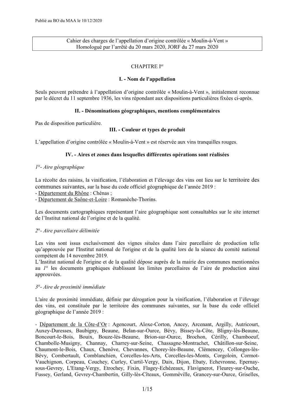 Cahier Des Charges De L'appellation D'origine Contrôlée « Moulin-À-Vent