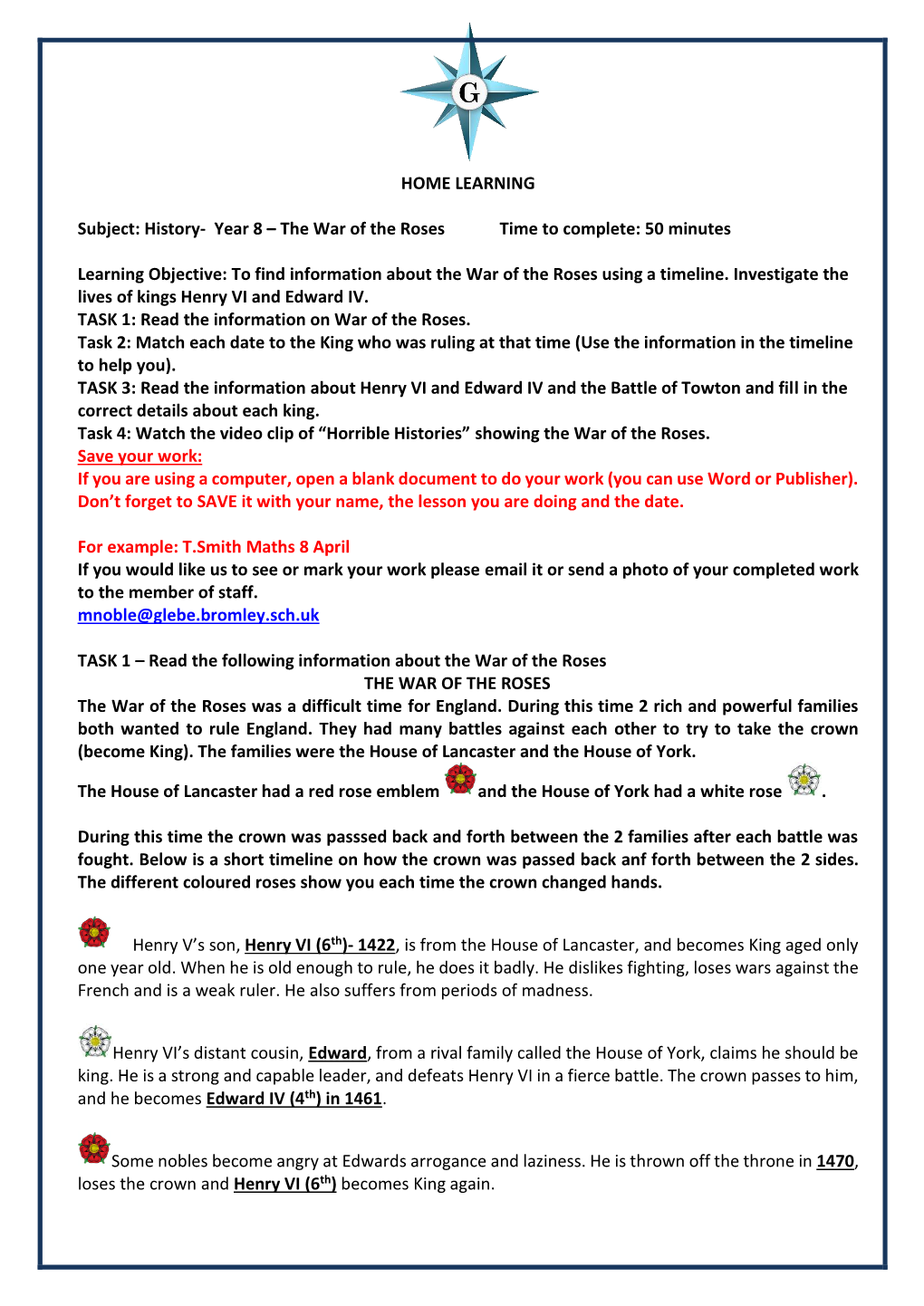 History- Year 8 – the War of the Roses Time to Complete: 50 Minutes