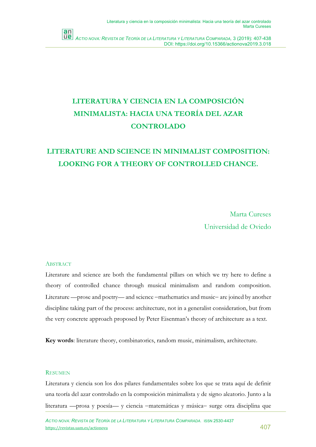 Literatura Y Ciencia En La Composición Minimalista: Hacia Una Teoría Del Azar Controlado Marta Cureses