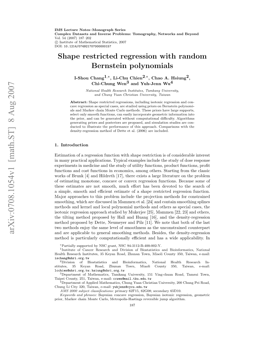 Shape Restricted Regression with Random Bernstein Polynomials 189 Where Xk Are Design Points, Yjk Are Response Variables and Ǫjk Are Errors