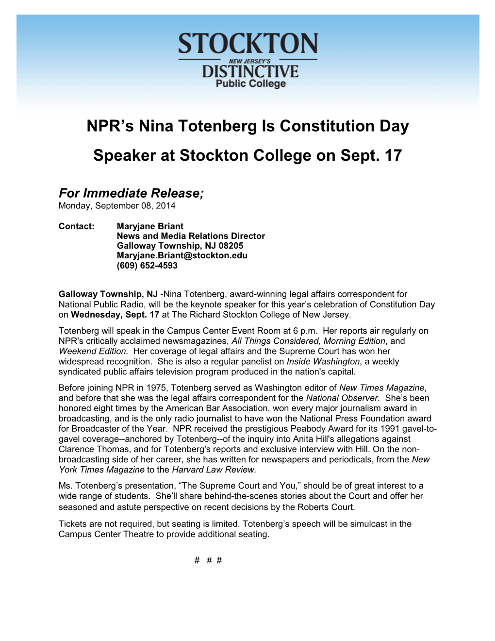 NPR's Nina Totenberg Is Constitution Day Speaker at Stockton