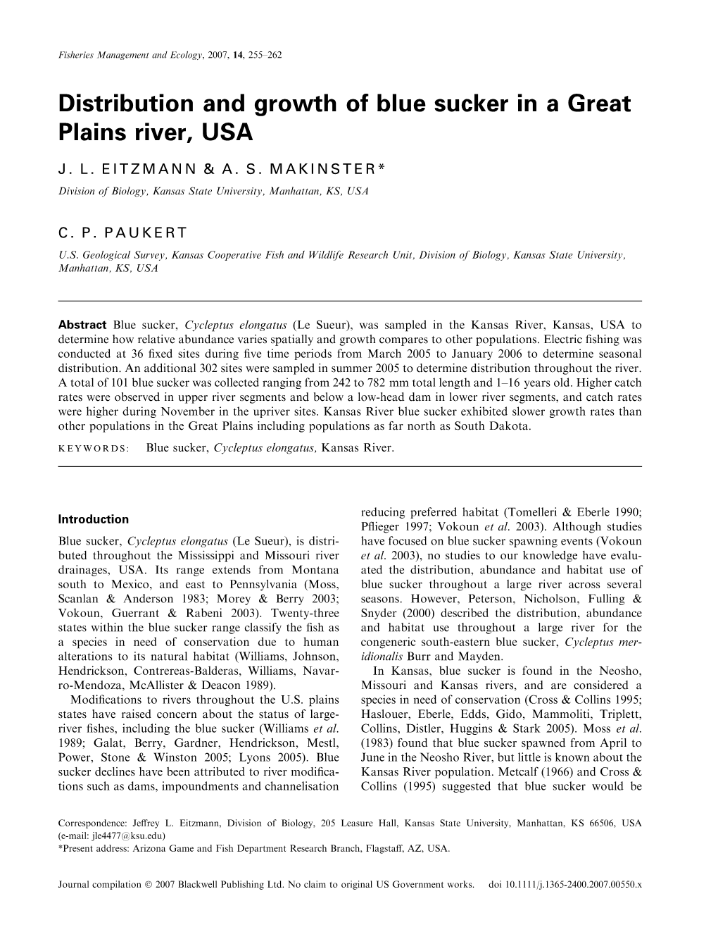 Distribution and Growth of Blue Sucker in a Great Plains River, USA