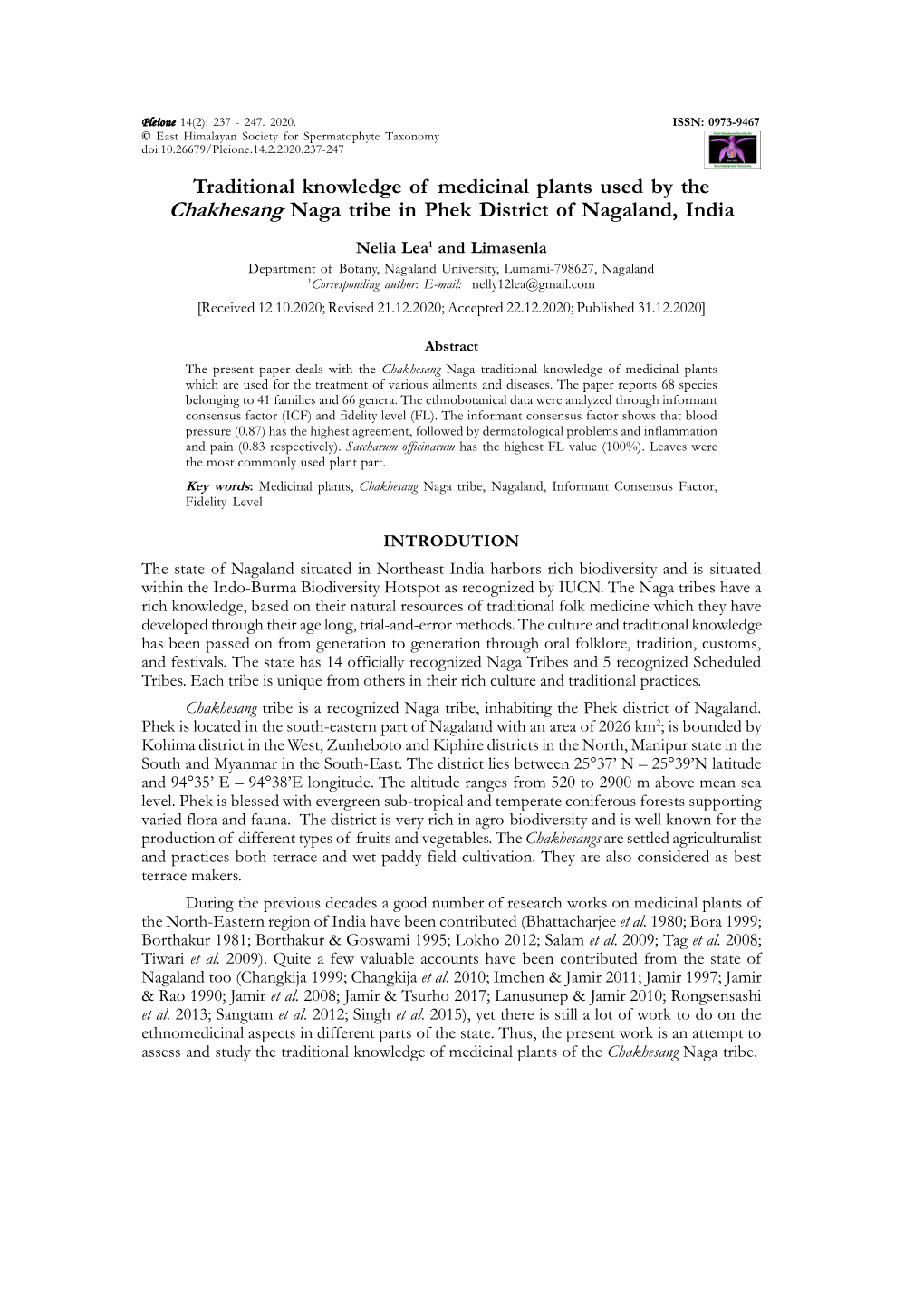 Traditional Knowledge of Medicinal Plants Used by the Chakhesang Naga Tribe in Phek District of Nagaland, India