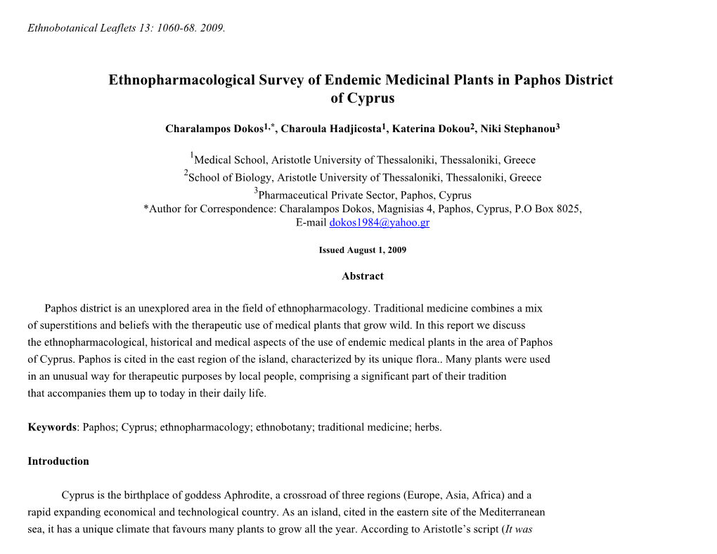 Ethnopharmacological Survey of Endemic Medicinal Plants in Paphos District of Cyprus