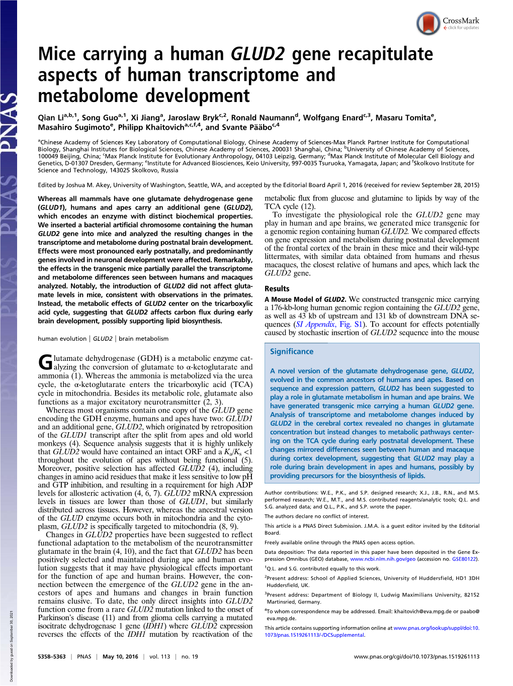 Mice Carrying a Human GLUD2 Gene Recapitulate Aspects of Human Transcriptome and Metabolome Development