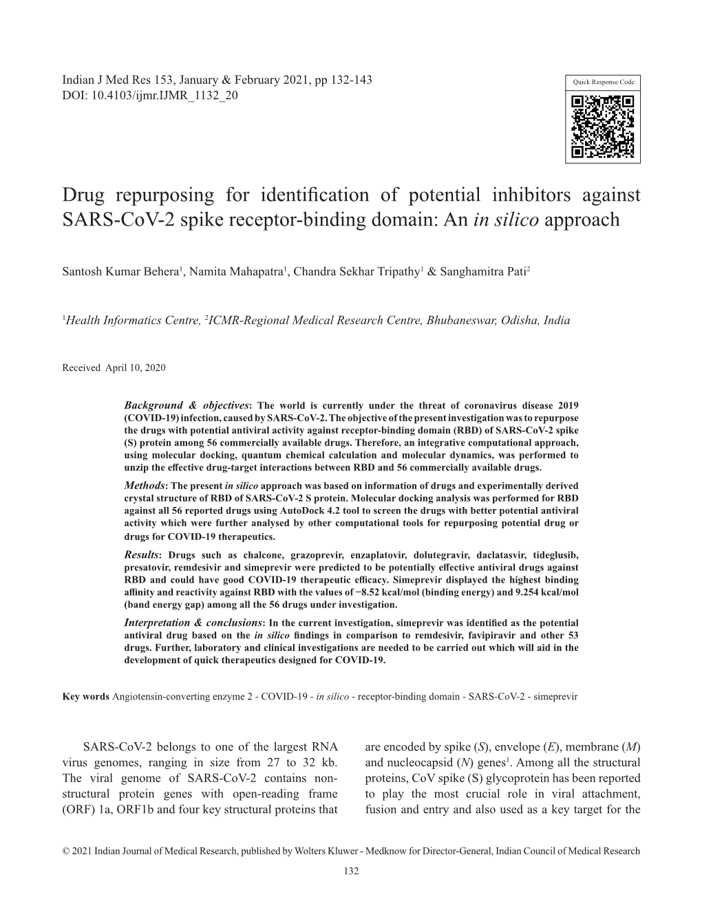 Drug Repurposing for Identification of Potential Inhibitors Against SARS-Cov-2 Spike Receptor-Binding Domain: an in Silico Approach