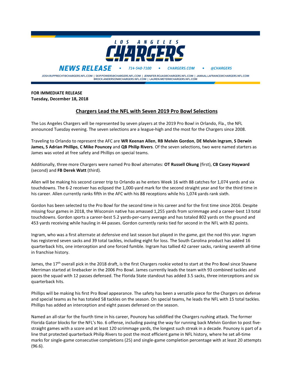 Chargers Lead the NFL with Seven 2019 Pro Bowl Selections