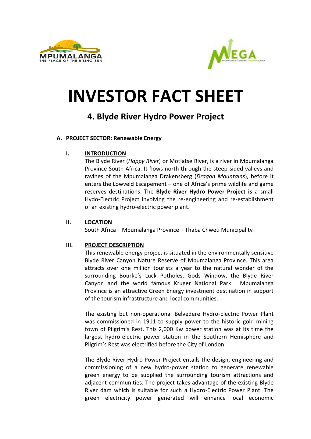 INVESTOR FACT SHEET 4. Blyde River Hydro Power Project