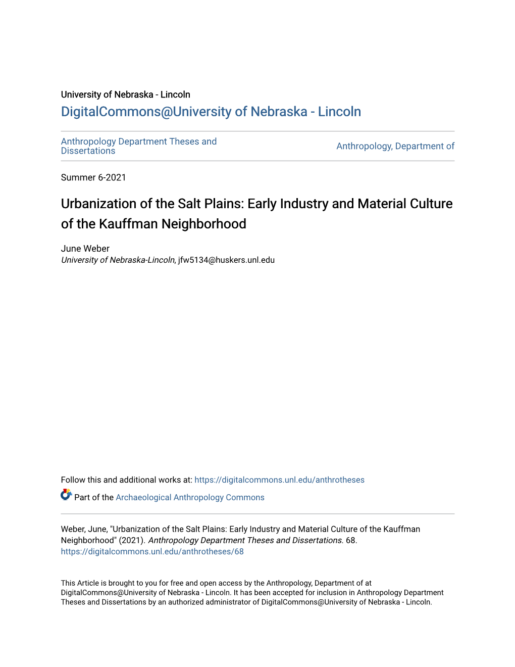 Urbanization of the Salt Plains: Early Industry and Material Culture of the Kauffman Neighborhood