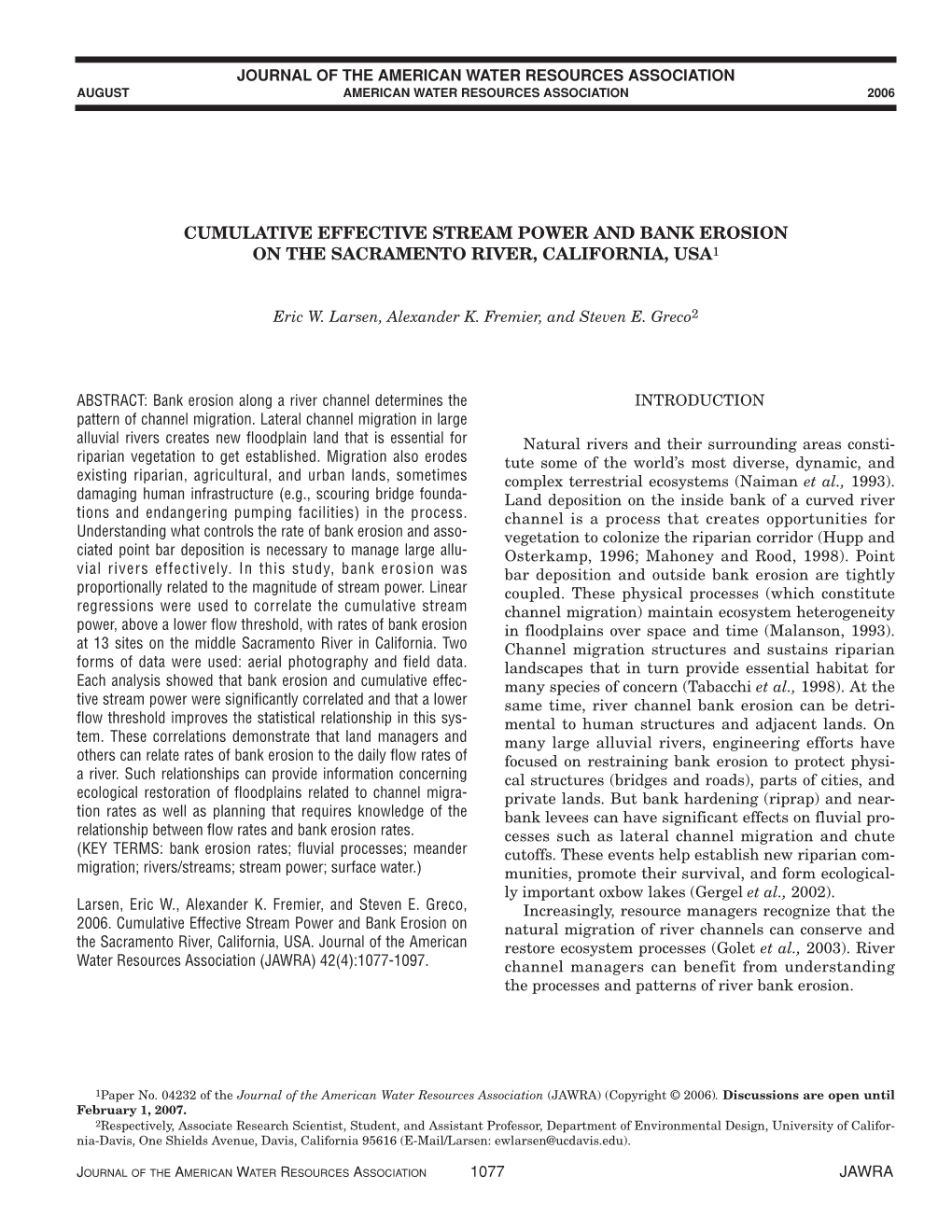 Cumulative Effective Stream Power and Bank Erosion on the Sacramento River, California, Usa1