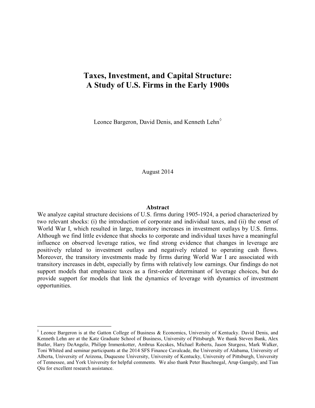 Taxes, Investment, and Capital Structure: a Study of U.S