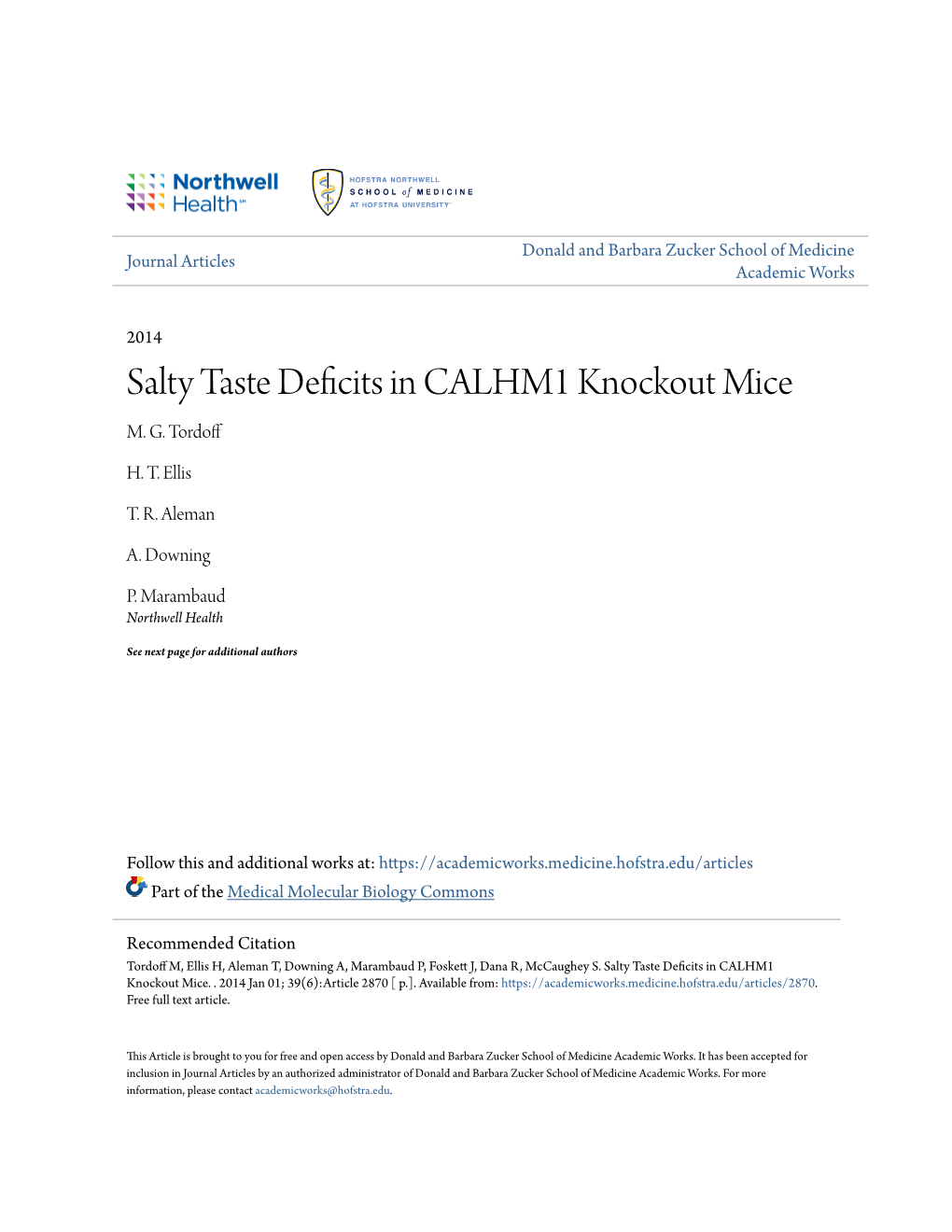 Salty Taste Deficits in CALHM1 Knockout Mice M