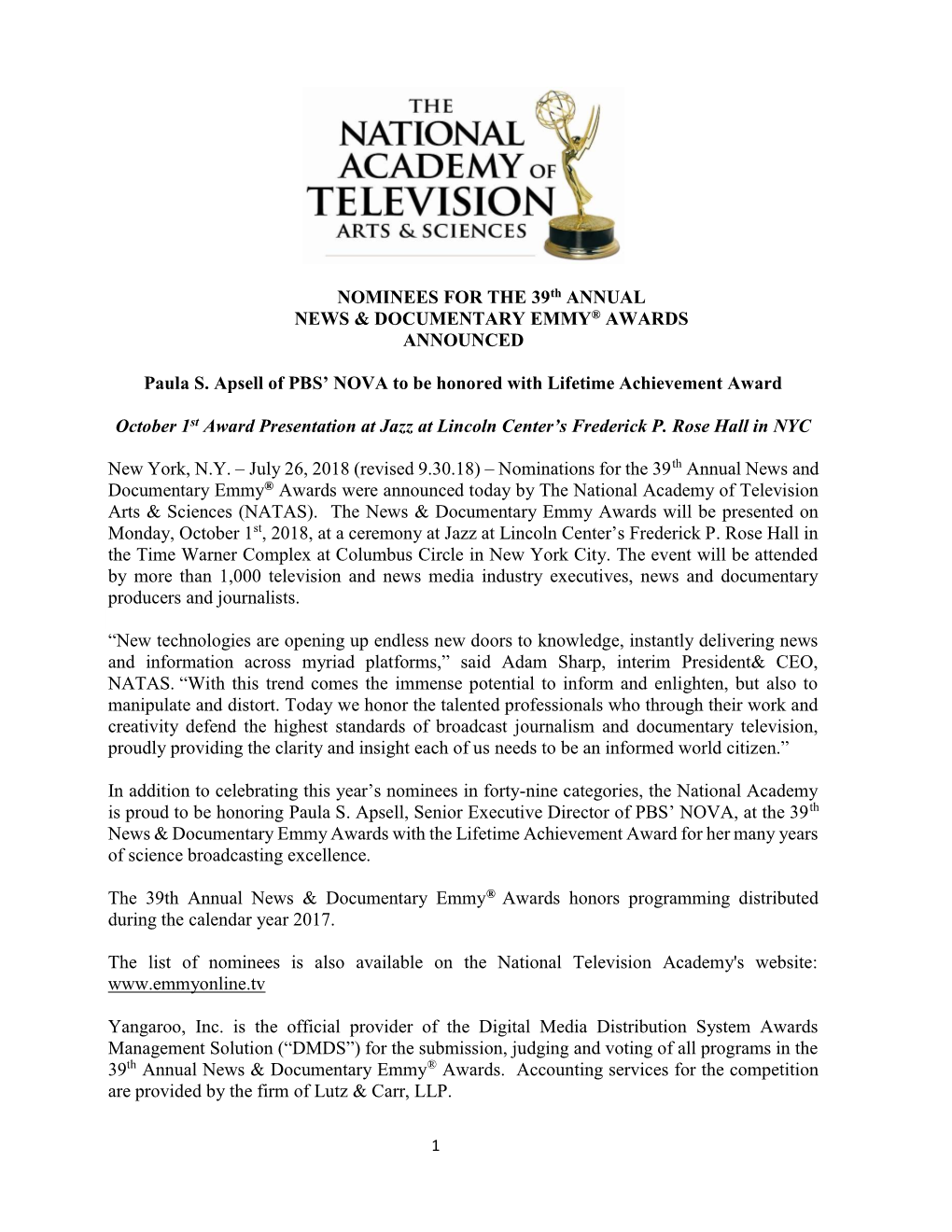 NOMINEES for the 39Th ANNUAL NEWS & DOCUMENTARY EMMY