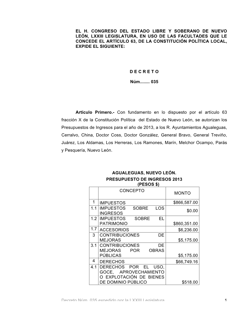 Dec. 35 Presupuestos De Ingresos