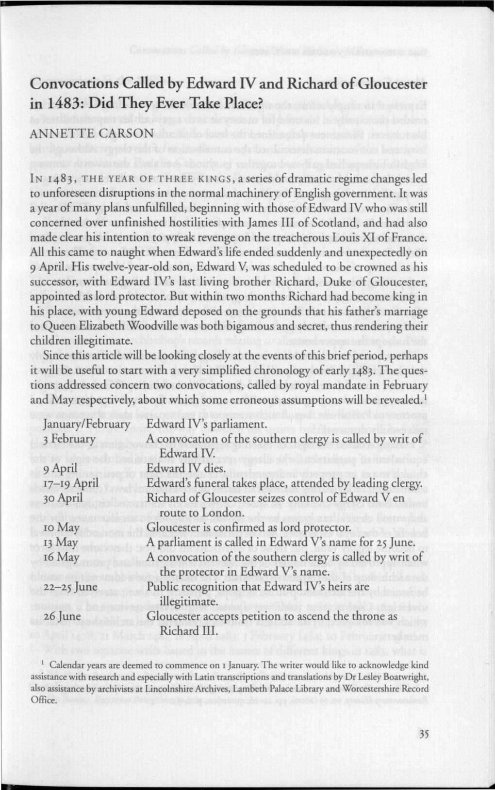 Convocations Called by Edward IV and Richard of Gloucester in 1483: Did They Ever Take Place?