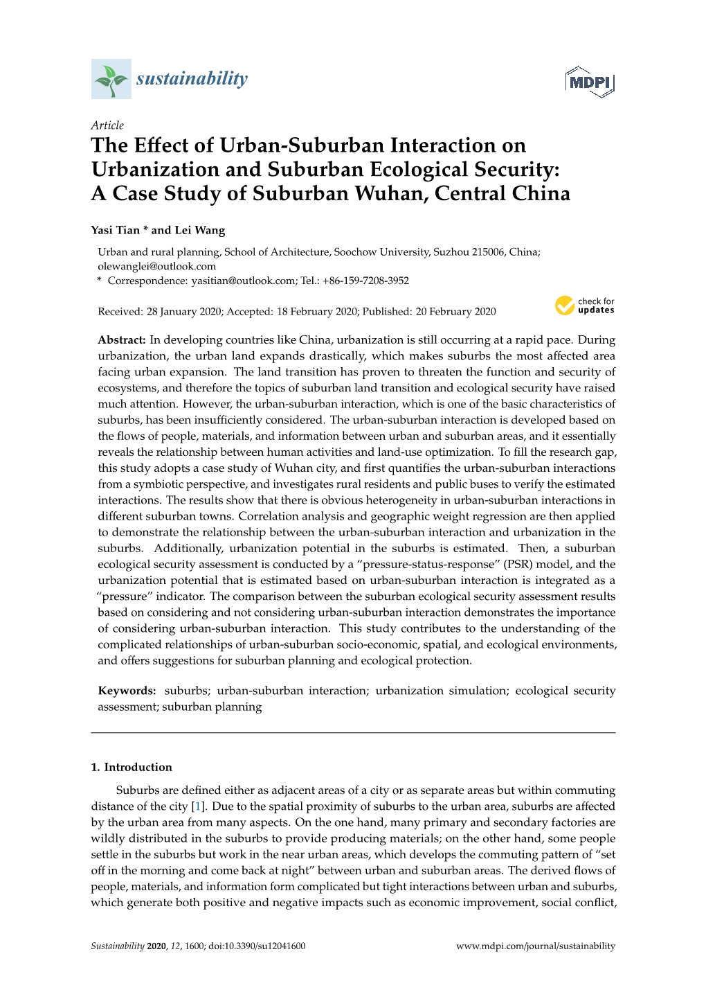 The Effect of Urban-Suburban Interaction on Urbanization and Suburban Ecological Security: a Case Study of Suburban Wuhan, Centr