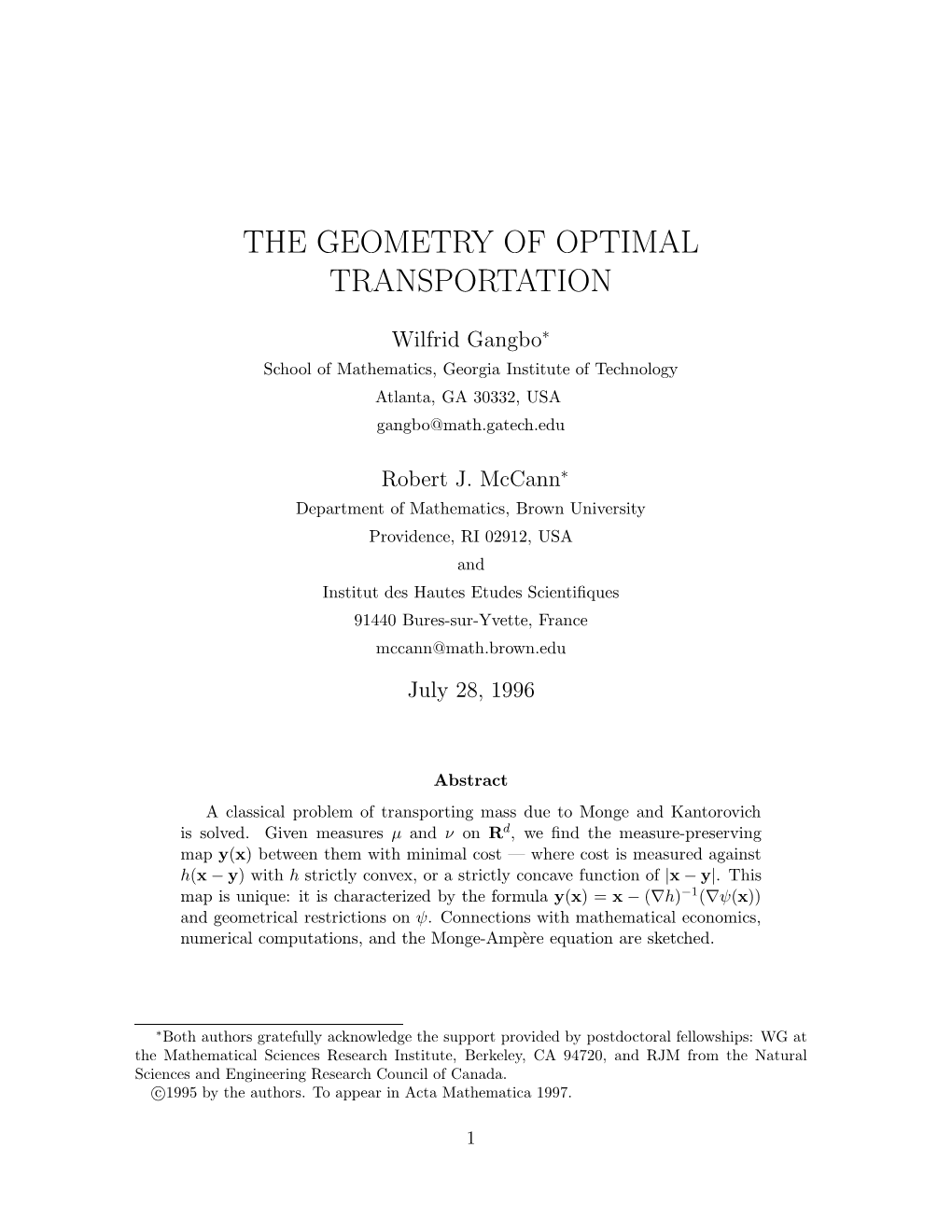 The Geometry of Optimal Transportation