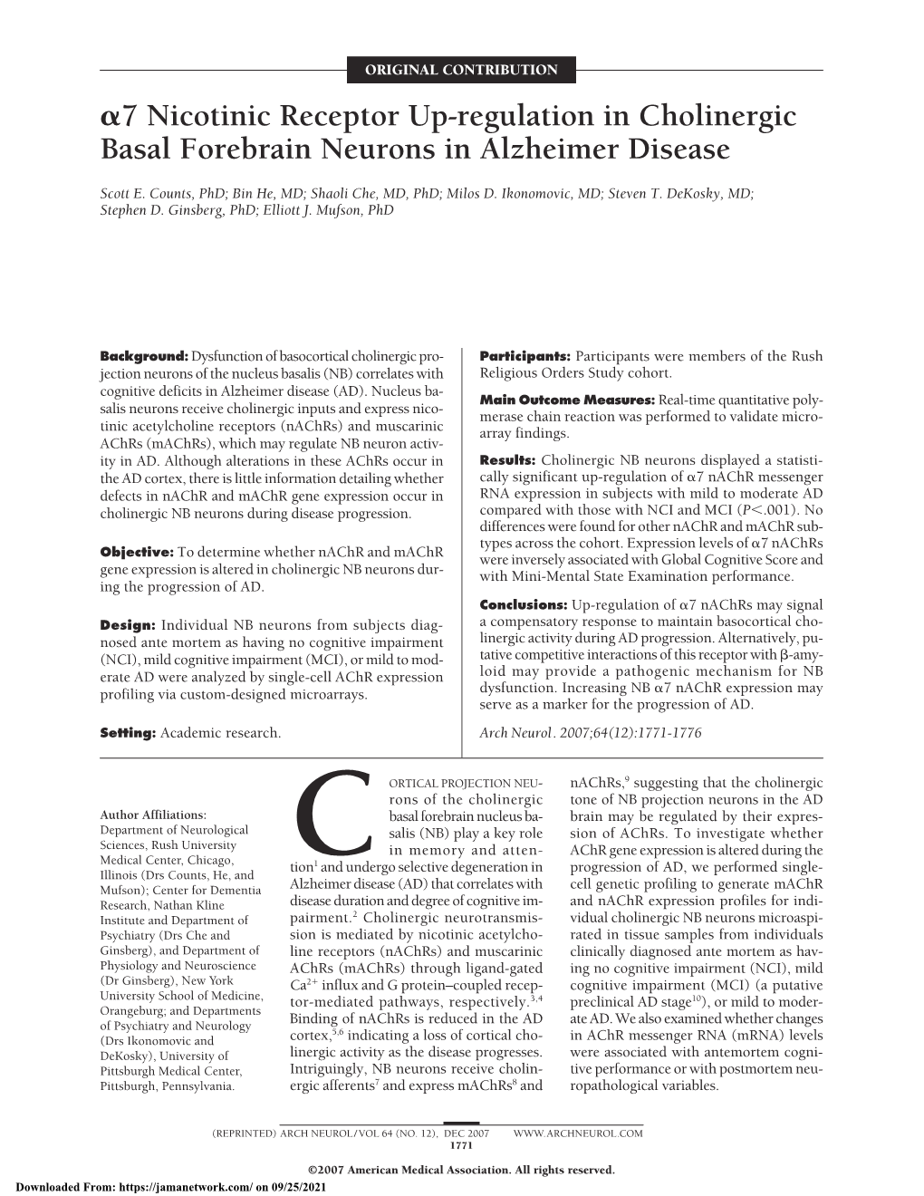 Α7 Nicotinic Receptor Up-Regulation in Cholinergic Basal Forebrain Neurons in Alzheimer Disease