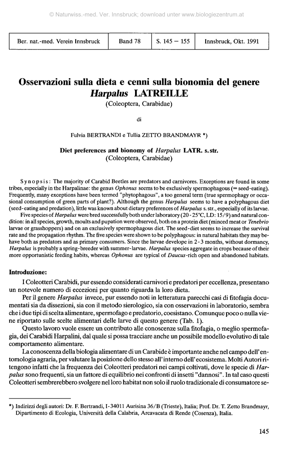 Osservazioni Sulla Dieta E Cenni Sulla Bionomia Del Genere Harpalus LATREILLE