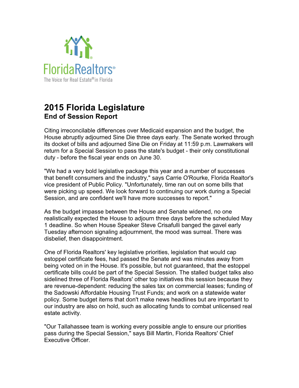 2015 Florida Legislature End Of Session Report