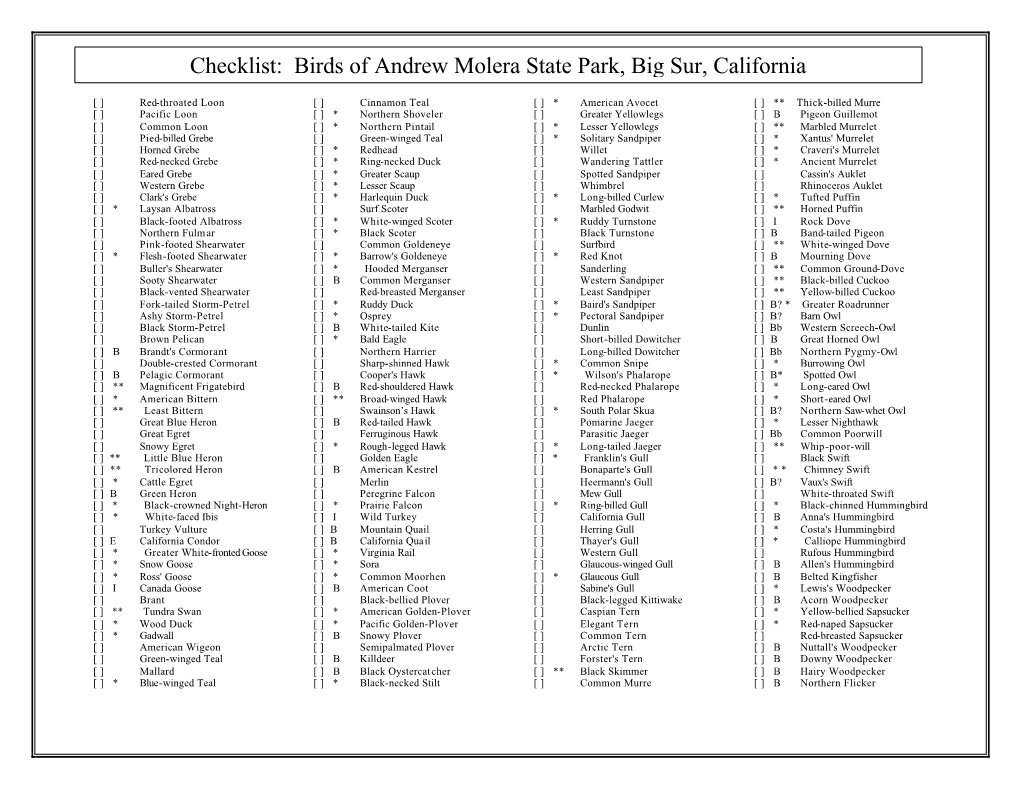 Checklist: Birds of Andrew Molera State Park, Big Sur, California