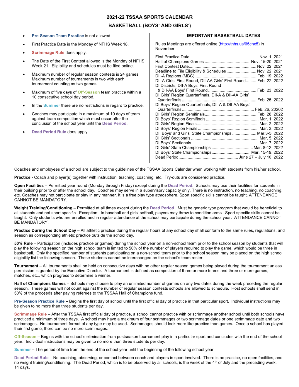 2021-22 Tssaa Sports Calendar Basketball (Boys’ and Girls’)