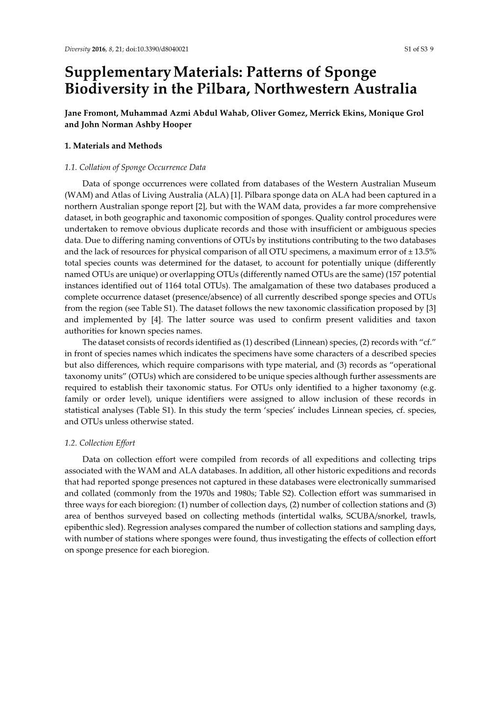 Supplementary Materials: Patterns of Sponge Biodiversity in the Pilbara, Northwestern Australia