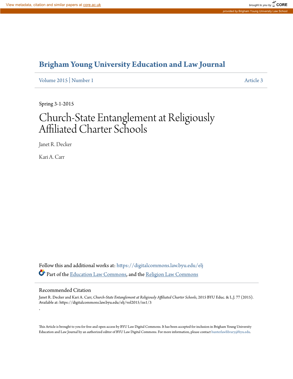 Church-State Entanglement at Religiously Affiliated Charter Schools Janet R