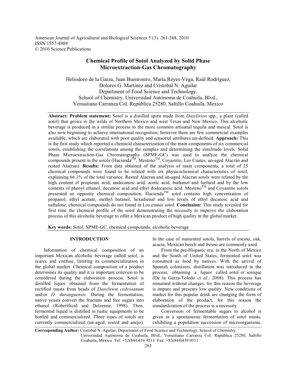 Chemical Profile of Sotol Analyzed by Solid Phase Microextraction-Gas Chromatography