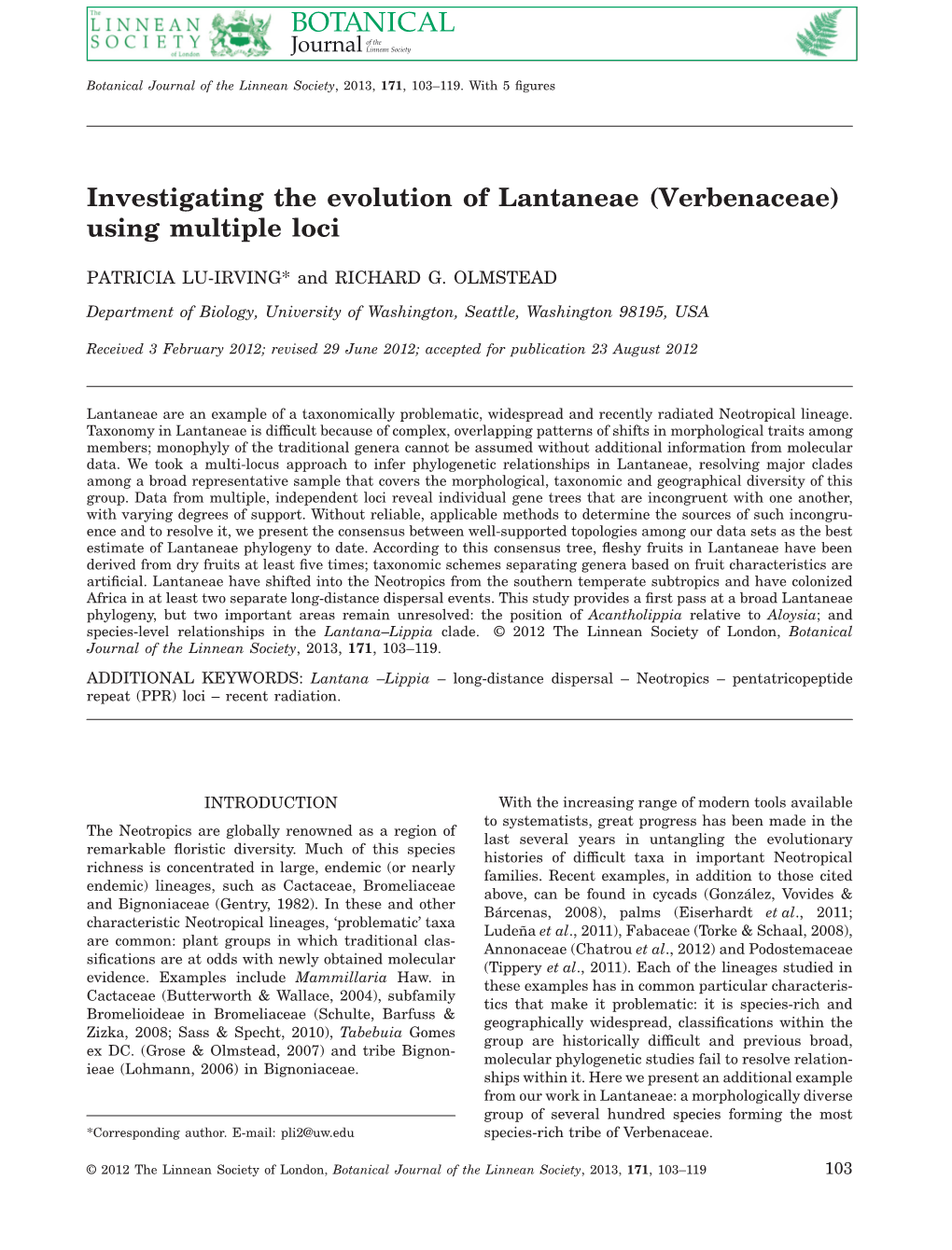 (Verbenaceae) Using Multiple Loci