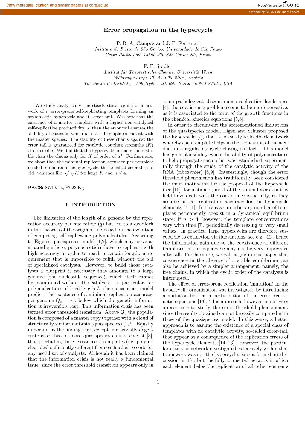 Error Propagation in the Hypercycle