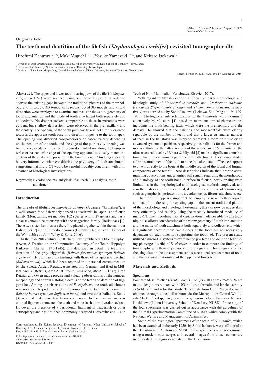 The Teeth and Dentition of the Filefish (Stephanolepis Cirrhifer) Revisited Tomographically