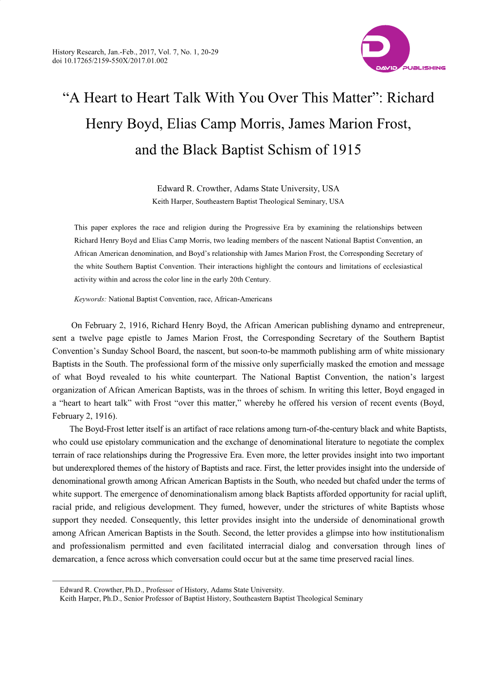 A Heart to Heart Talk with You Over This Matter‖: Richard Henry Boyd, Elias Camp Morris, James Marion Frost, and the Black Baptist Schism of 1915