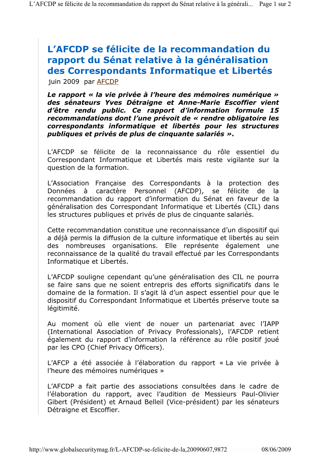 L'afcdp Se Félicite De La Recommandation Du Rapport Du