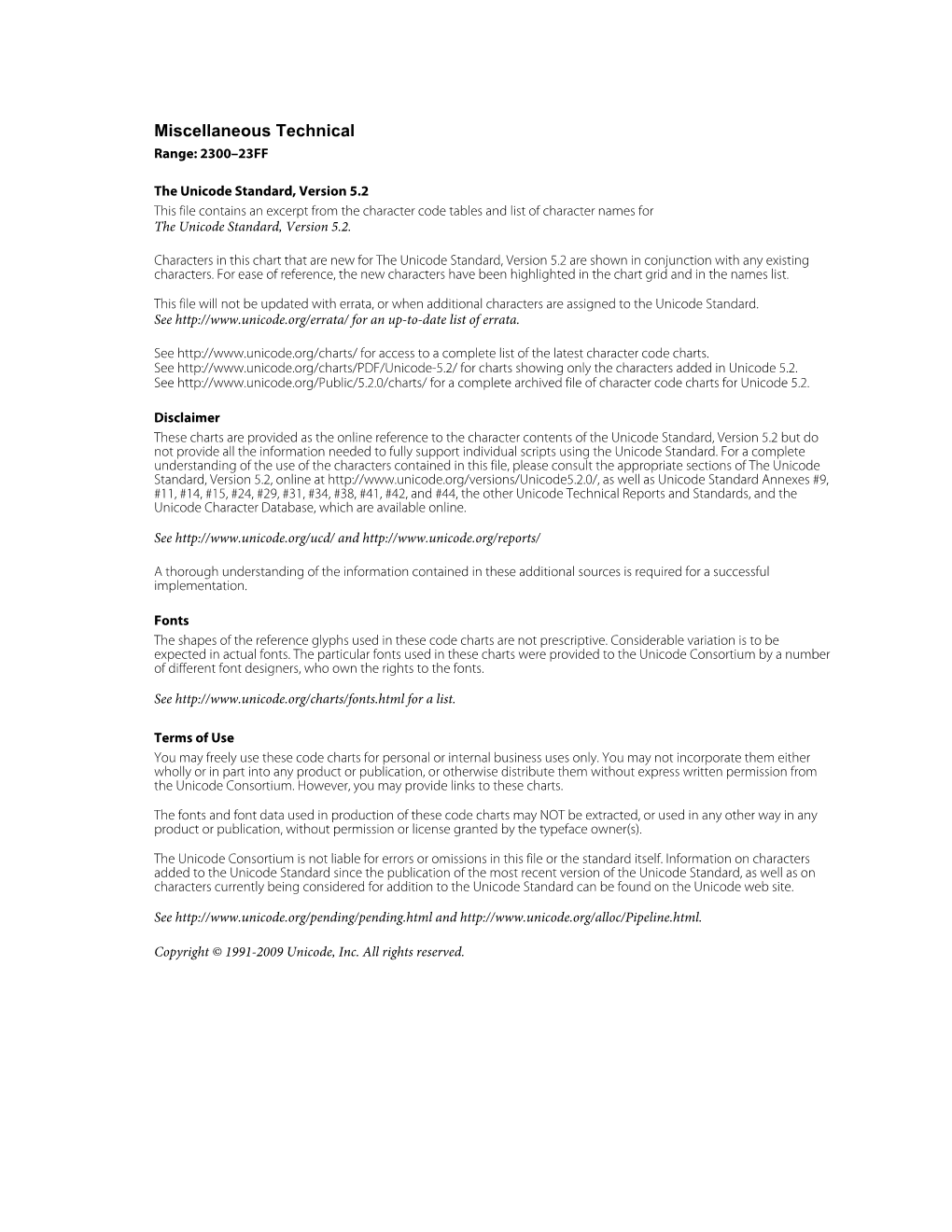 The Unicode Standard 5.2 Code Charts