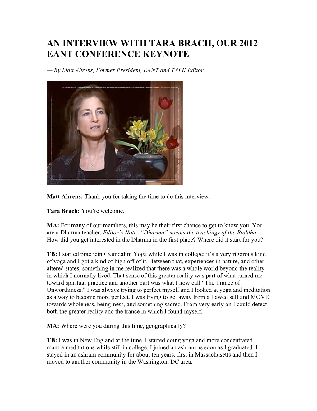 An Interview with Tara Brach, Our 2012 Eant Conference Keynote