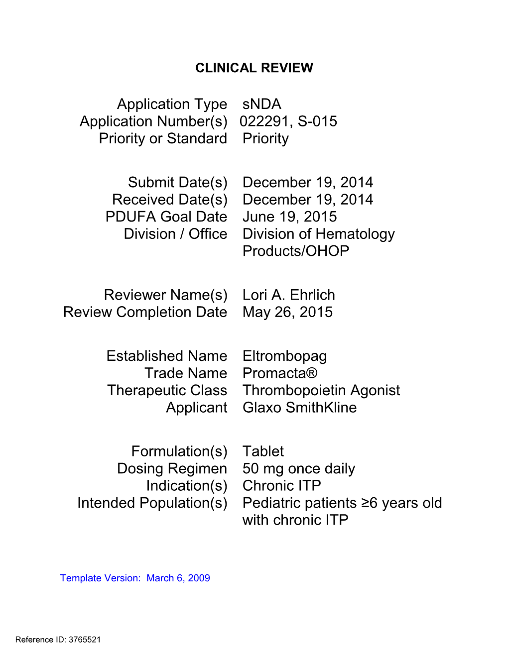 022291S015 Eltrombopag Clinical BPCA