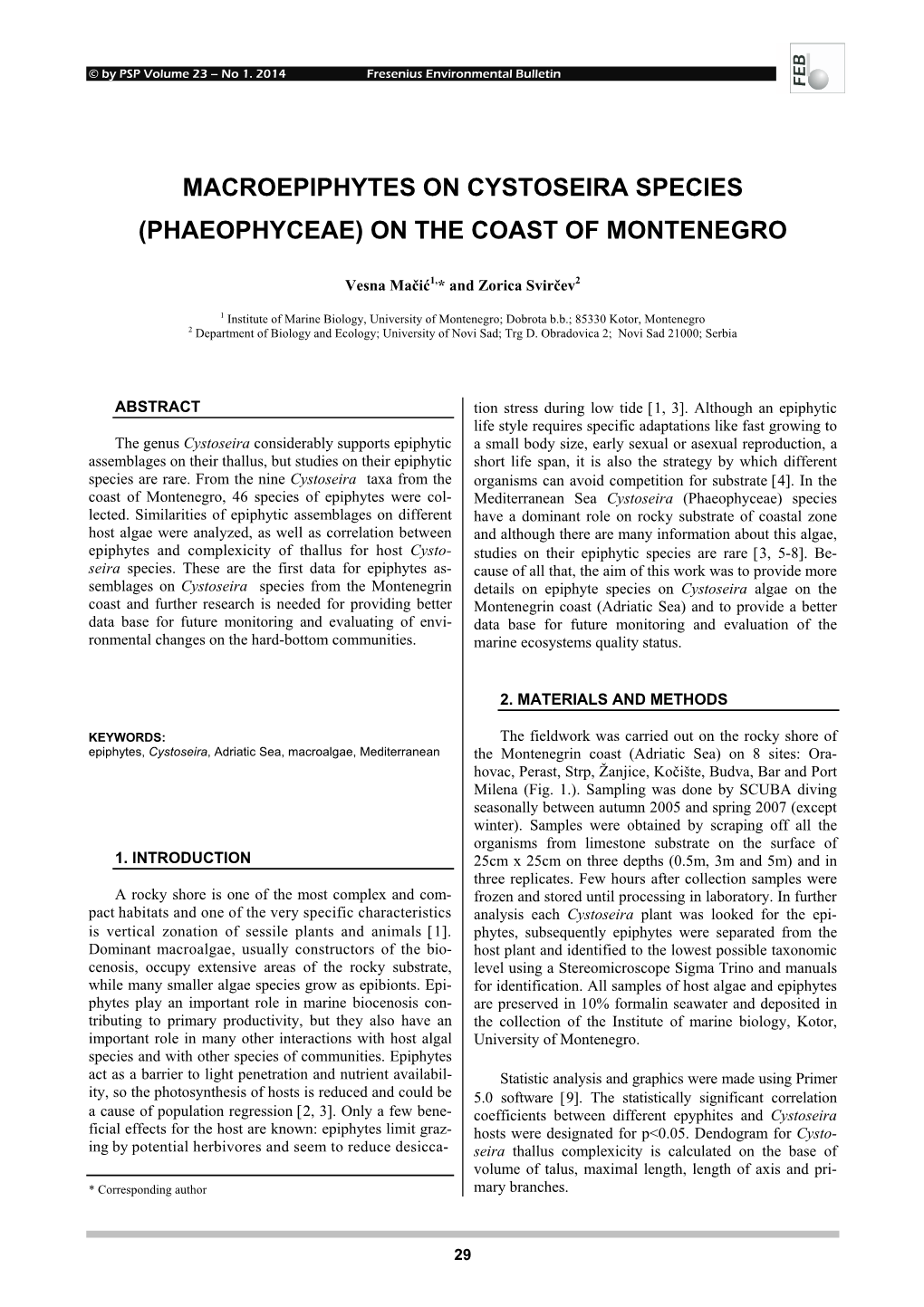 Macroepiphytes on Cystoseira Species (Phaeophyceae) on the Coast of Montenegro
