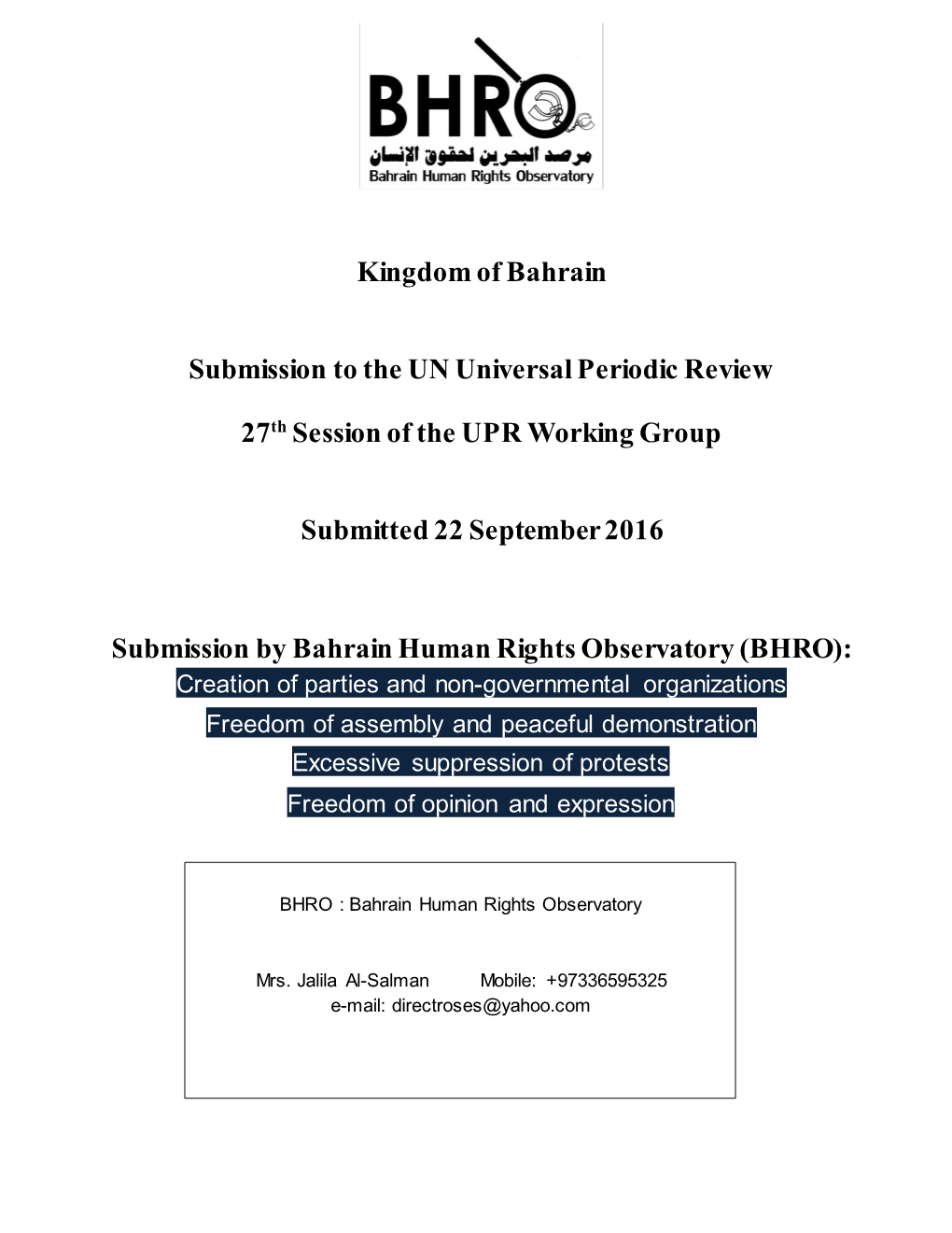 Kingdom of Bahrain Submission to the UN Universal Periodic Review