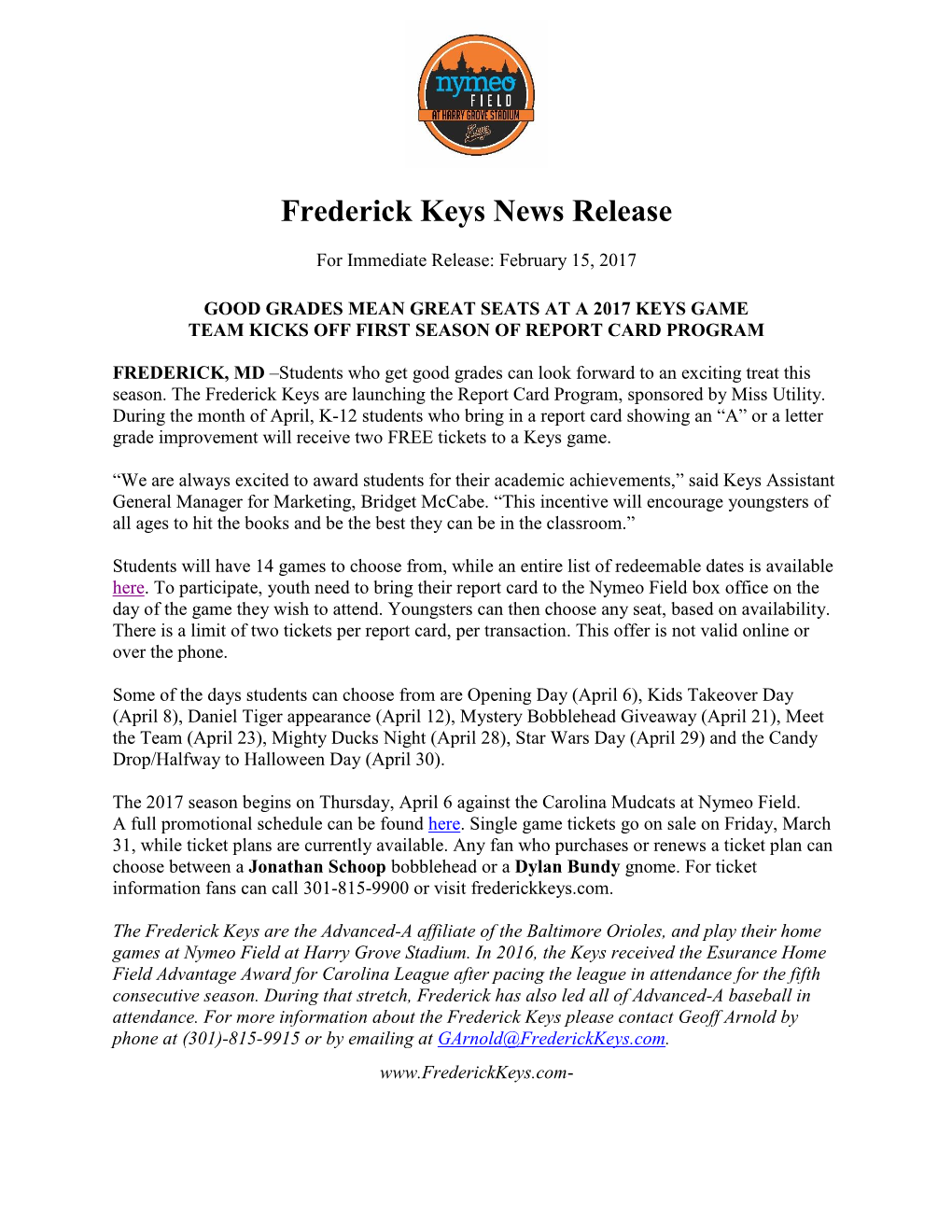 Frederick Keys News Release